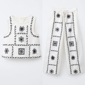 Zara Girls Embroidered Linen Blend Top & Wide Leg Pants Set 8-9 Cream Black
